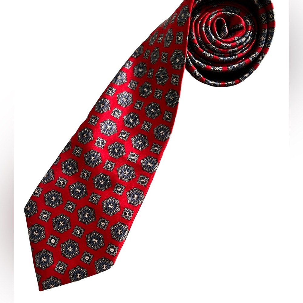 Oscar de la Renta Vintage 100% Silk Red Blue Geometric Pattern Necktie Hand Sewn